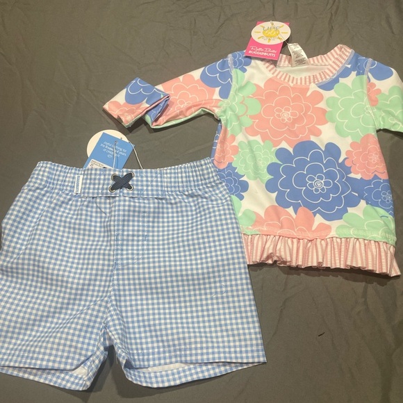 Ruffle Butts Pink and Blue Rashguard Swim Set - Picture 1 of 9